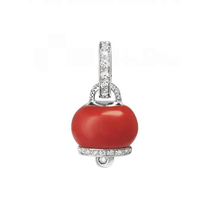 CHANTECLER Ciondolo Con Campanella In Oro Bianco, Corallo Rosso E Pavè Di Diamanti