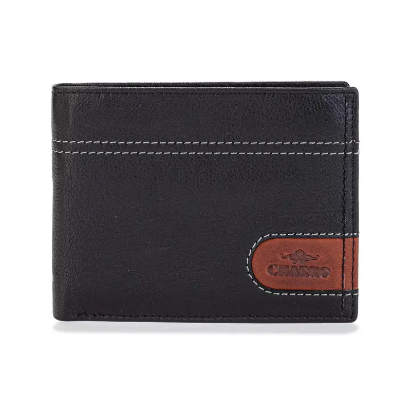 CHARRO Portafoglio nero da uomo con cuciture a contrasto e logo