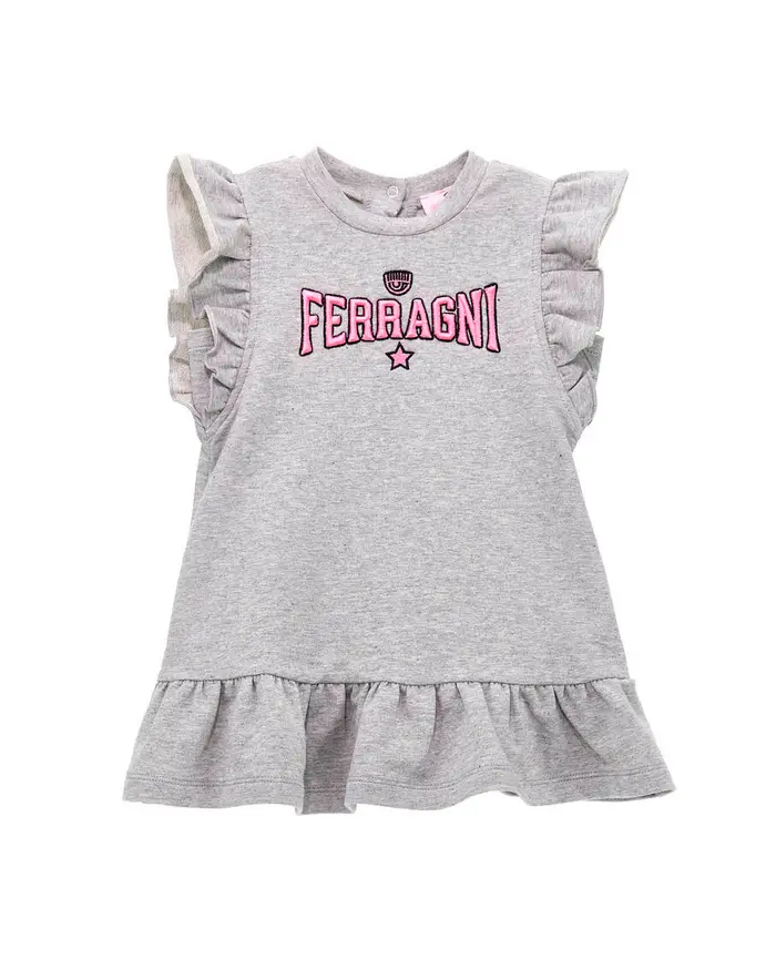 Chiara Ferragni Abito grigio in felpa smanicato con scritta logo rosa e rouches 2-3 anni