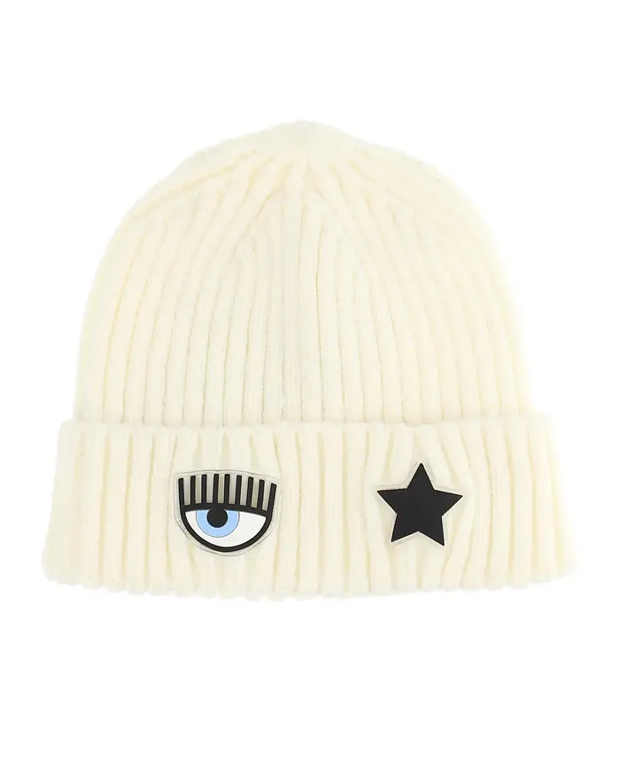 Chiara Ferragni Berretto avorio a coste con risvolto e patch logo eyestar