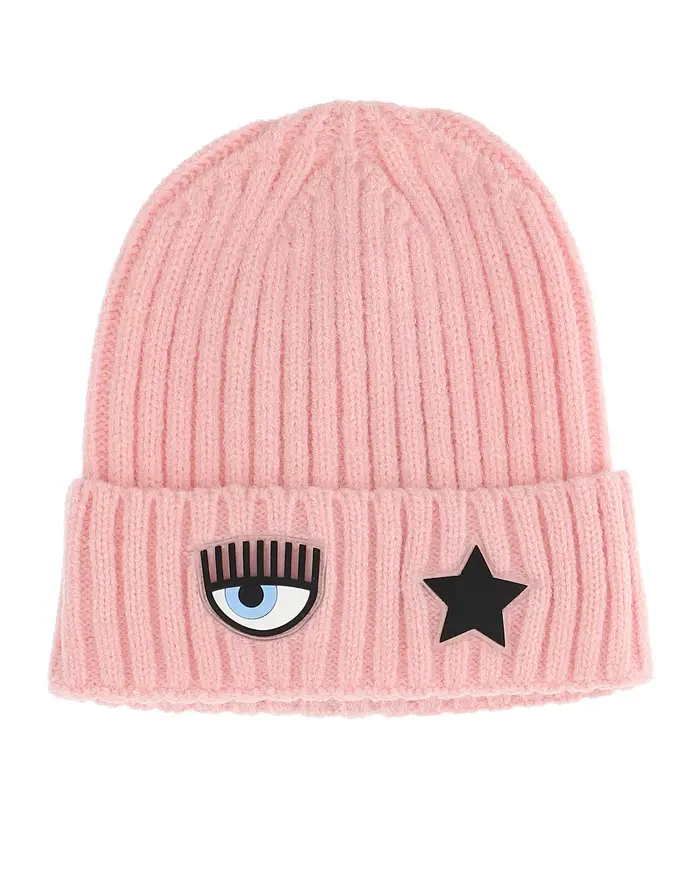 Chiara Ferragni Berretto rosa a coste con risvolto e patch logo eyestar