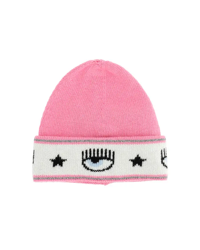 Chiara Ferragni Berretto rosa in misto lana e cachemire con risvolto e fascia logo eyestar ripetuta