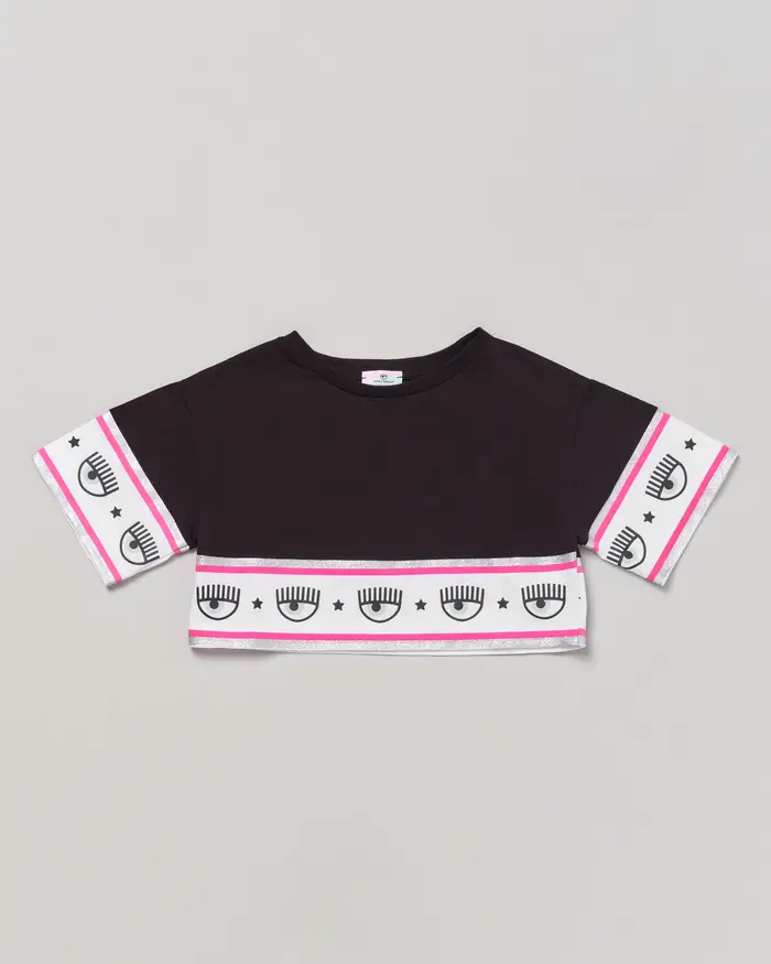 Chiara Ferragni T-shirt nera cropped a mezza manica con fascia logo eyestar glitterata 4-6 anni