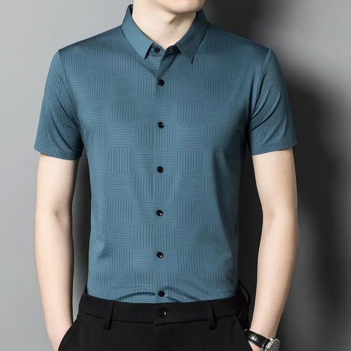 Camicia Estiva da Uomo a Manica Corta Sottile Business Casual Abbigliamento da Papà Traspirante Rever Manica a Metà Cardigan Mezza Età e Anziani 4XL