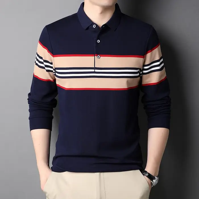 CHIC STUDIO Nuove T-shirt a righe da uomo primavera e autunno, T-shirt alla moda casual con risvolto, Polo a maniche lunghe da uomo alla