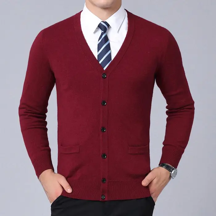Nuovo Maglione Autunno e Inverno da Uomo Lana 100 Piatto Manica Lunga Taschino Cardigan Mezza Età e Anziano Cardigan di Lana 3XL