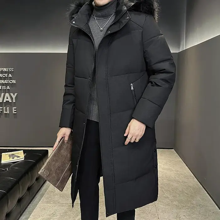 Piumino da Uomo Medio e Lungo Sopra il Ginocchio Inverno Nuovo Giacca con Cappuccio e Grande Collo di Pelliccia XXXXL nero