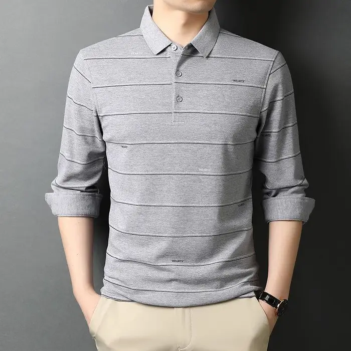 Primavera e Autunno Nuovo Stile T-shirt Maniche Lunghe da Uomo di Mezza Età a Righe Maglia Intima Sottile da Uomo con Risvolto Polo Casual XXXL