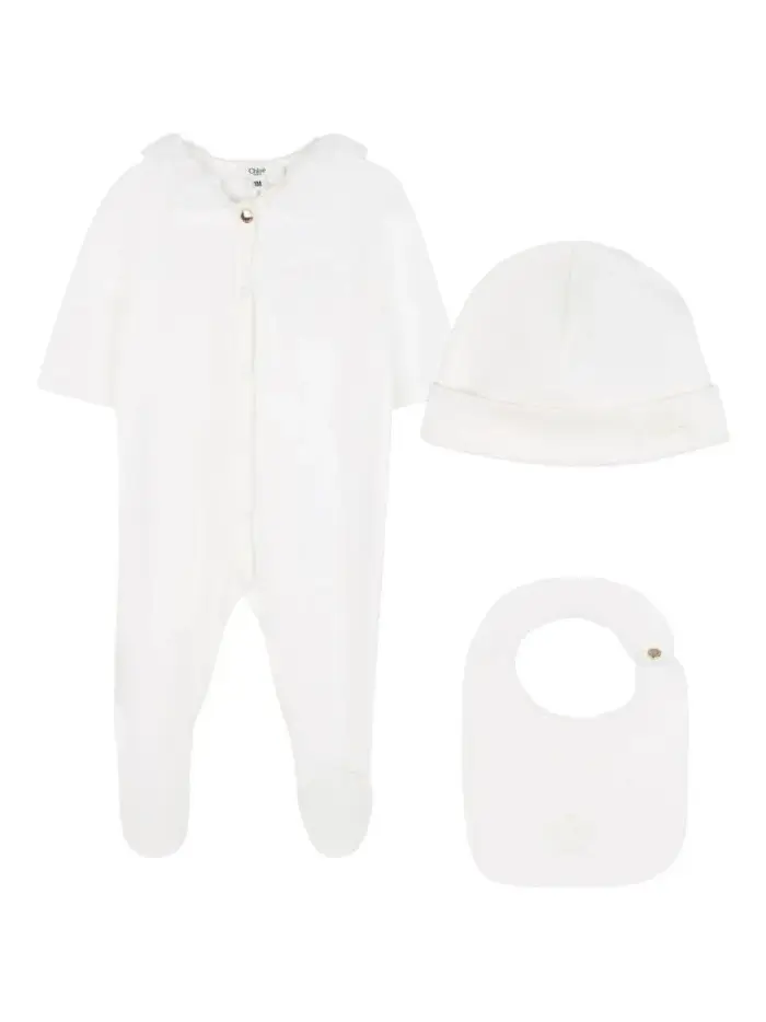 CHLOE KIDS Pigiama in Cotone con Bavaglino e Cappello Coordinati Bianco sporco