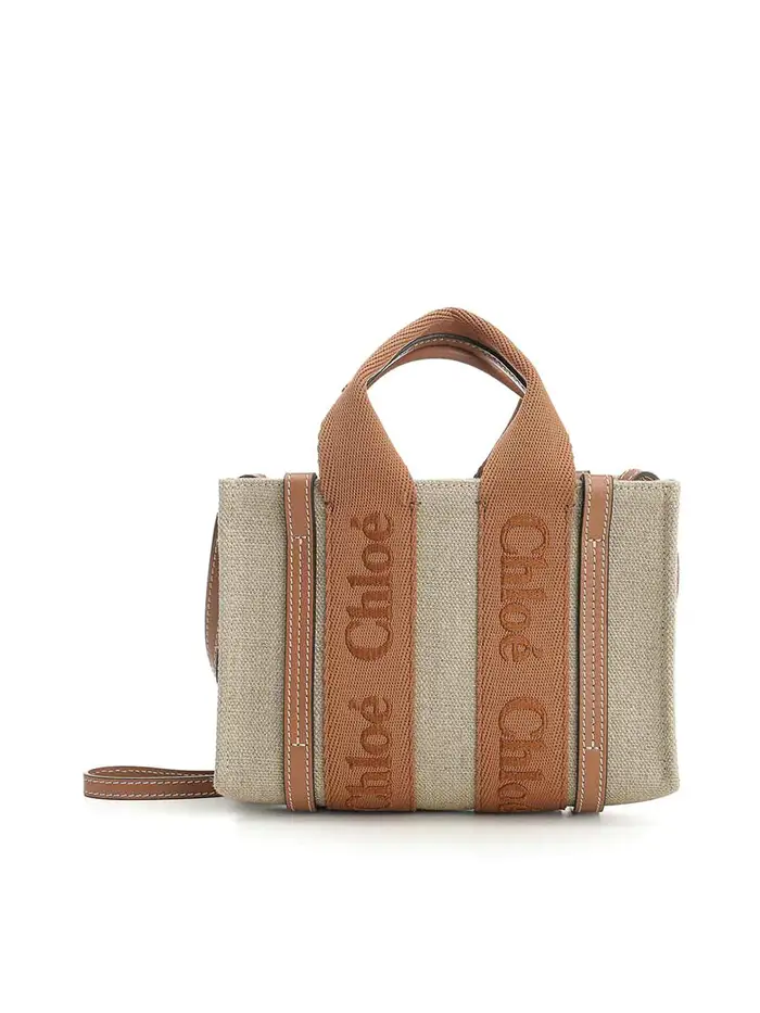 Mini borsa tote in lino Woody Beige