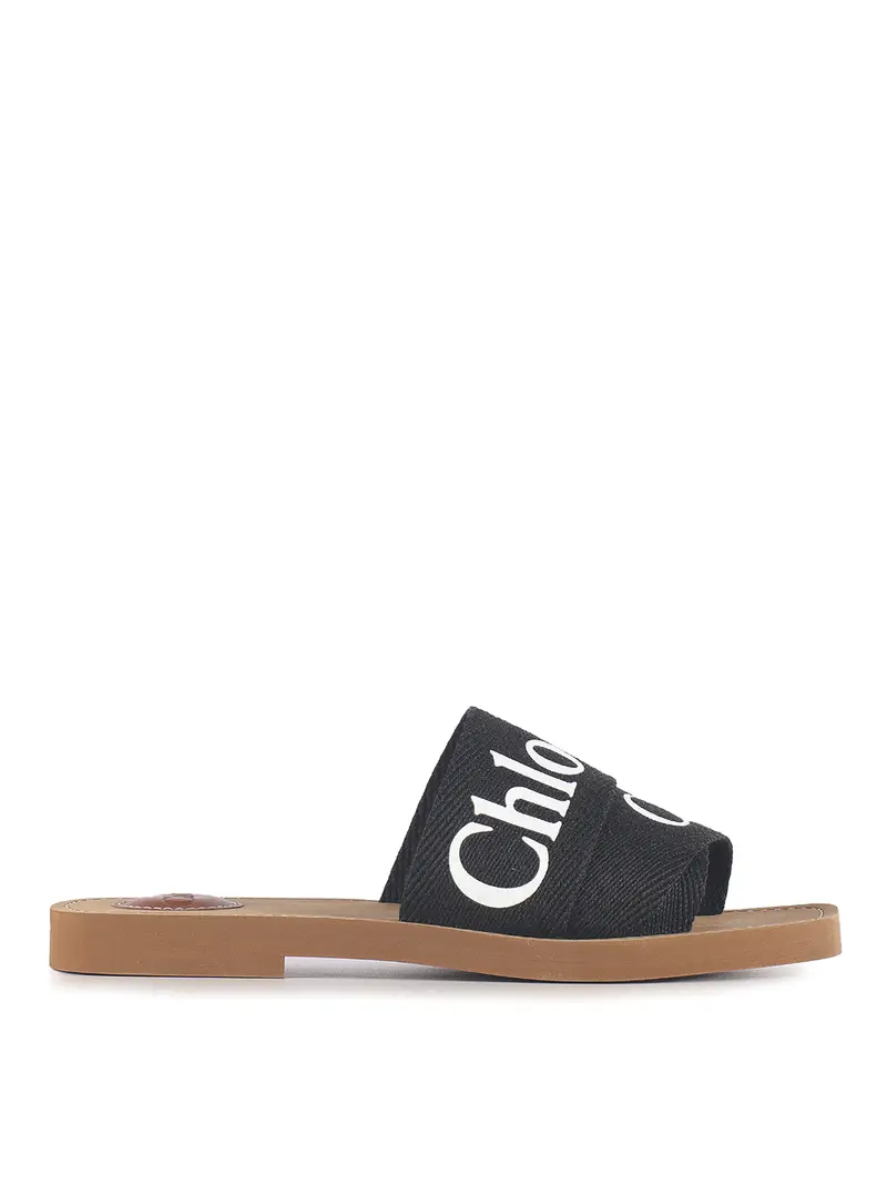 Chloe' Sandali bassi con fascia in lino e logo Nero