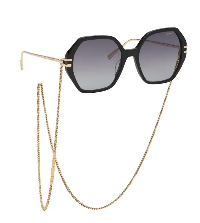 Chopard Donna IKCH370 0BLK Occhiali da sole Acetato Nero Fumo Geometrica Antiriflesso Sfumato
