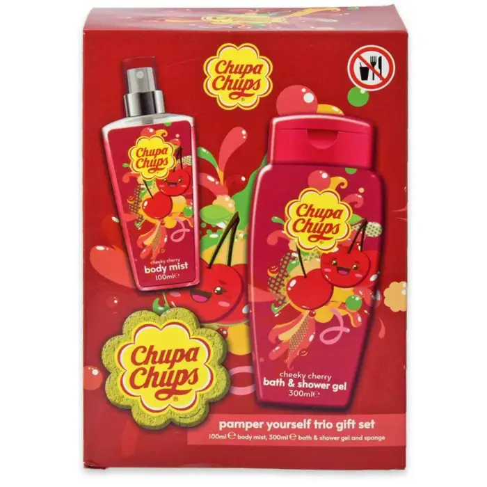 Chupa chups Set ciliegia Bagnoschiuma 300 ml Acqua profumata 100 ml Spugna - Set per il Bagno