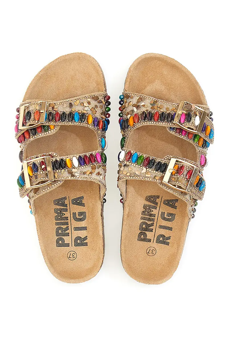 PRIMA RIGA Ciabatte con doppia fascia decorata con strass e pietre colorate 104334
