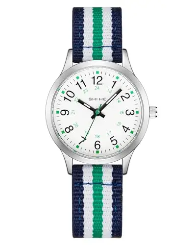 CIVO Orologio Bambino Bambina Analogico: Orologio da Polso Bambini 5-12 Anni Cinturino Nylon Verde Bianco - Facile da