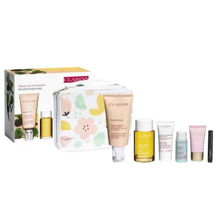Clarins Cofanetto maternità Olio corpo 100 ml + Crema antismagliature Body Partner 175 ml + Scrub corpo esfoliante 30 ml + Crema giorno