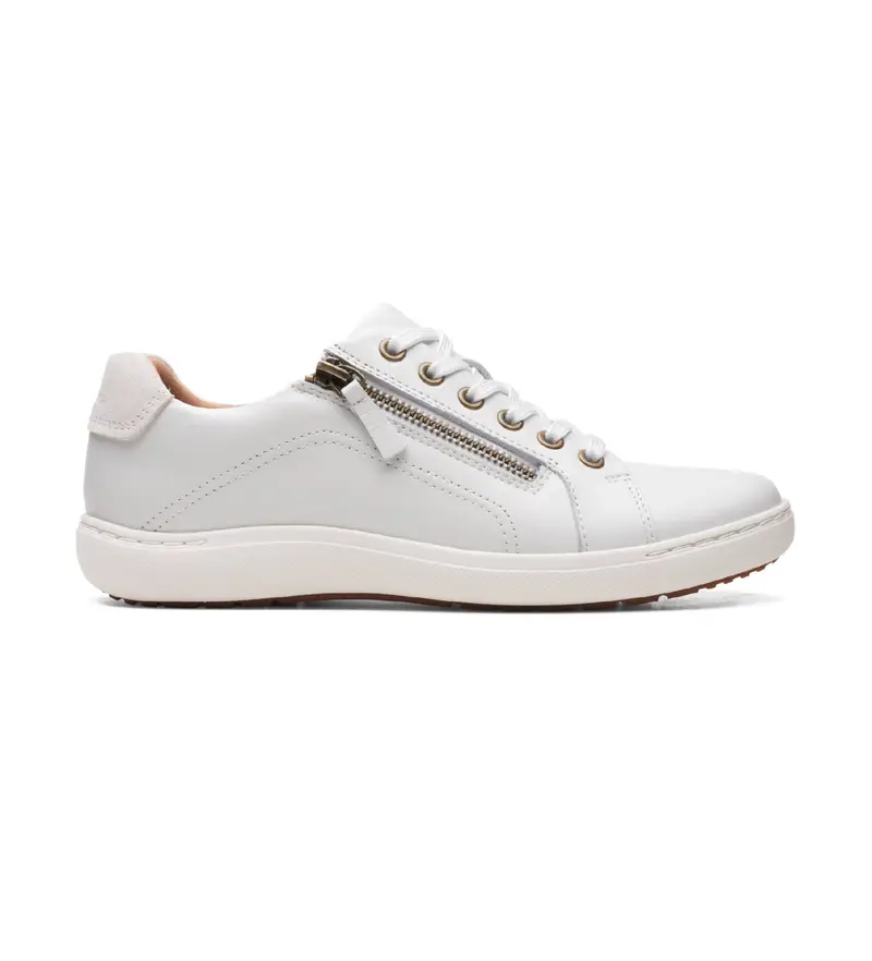 Clarks per donna 26165001 Sneakers in pelle bianca Nalle Lace, Bianco, Basso, Stringhe, Cerniera, Casual