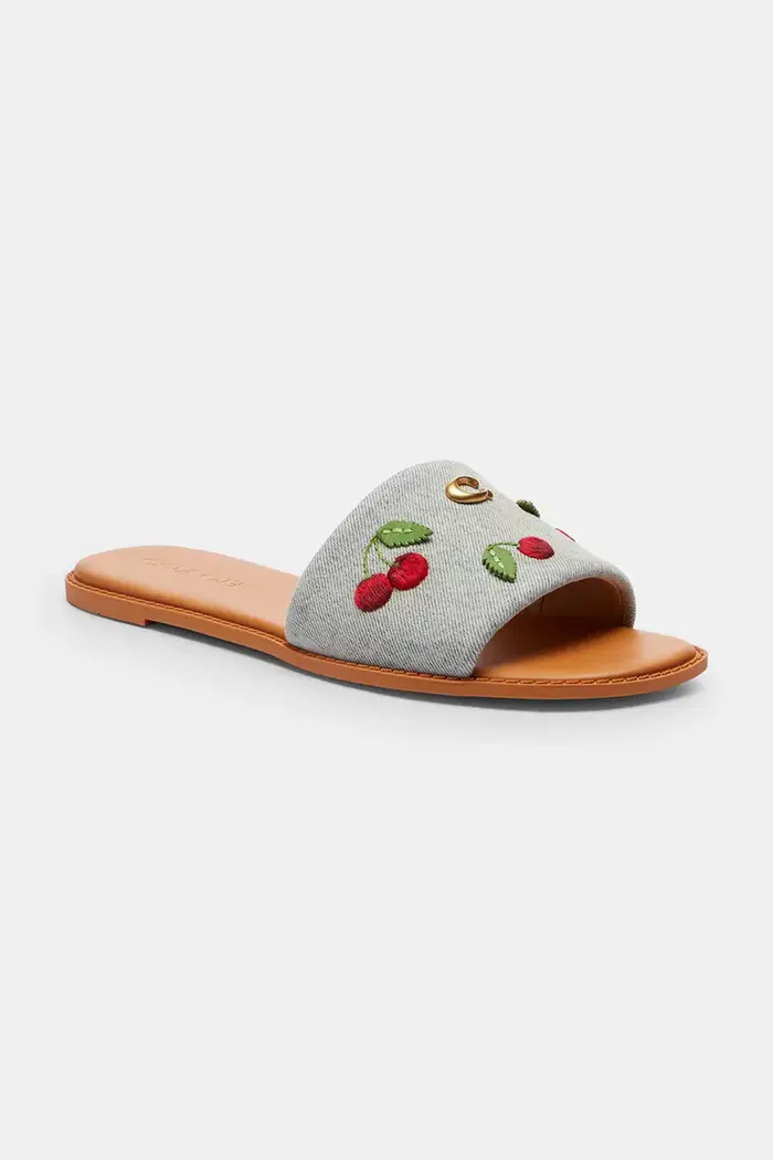 Coach ciabatte slide tacchi piatti da donna in cotone Holly Denim Cherries Sandal Blu