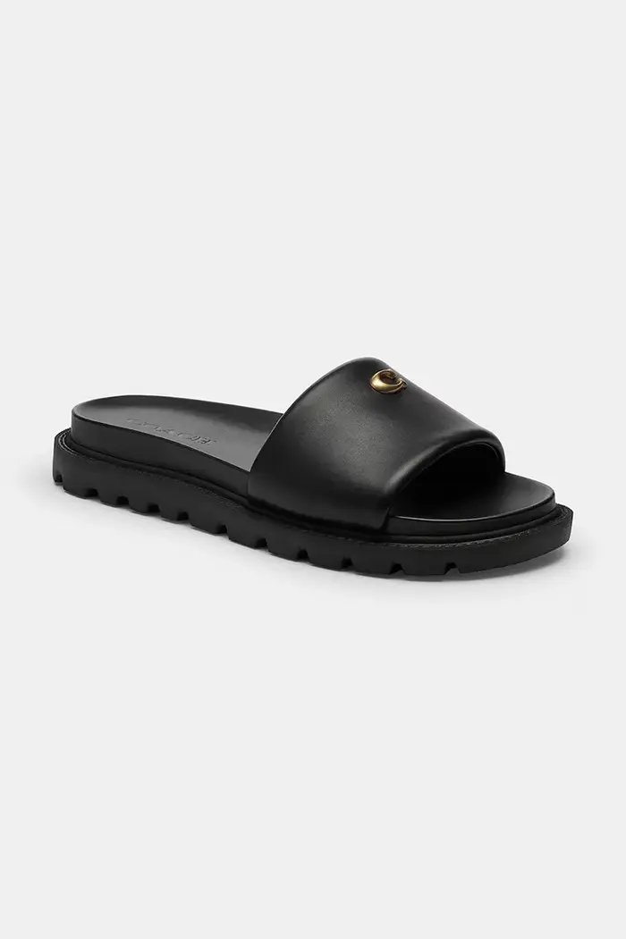 Coach ciabatte slide tacchi piatti da donna in pelle Brynn Leather Slide Sandal Nero