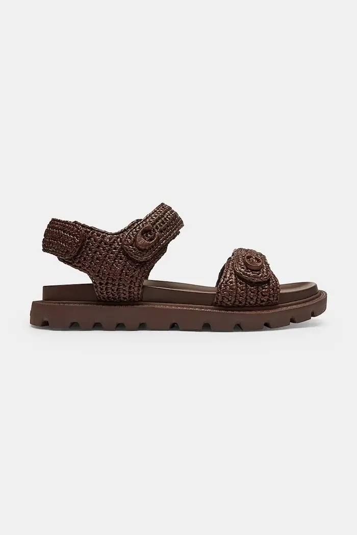 Coach sandali tacchi piatti da donna in pelle Brynn Raffia Sandal Marrone