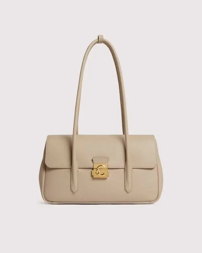 Coccinelle Borsa a mano C-Me Lock Large in pelle bottalata beige con chiusura tuc e logo