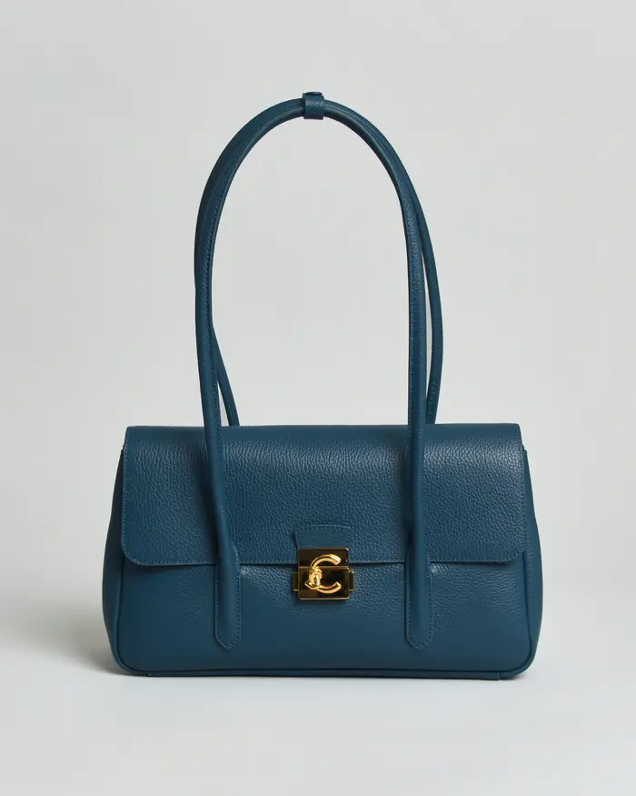 Coccinelle Borsa a mano C-Me Lock Large in pelle bottalata ottanio con chiusura tuc e logo