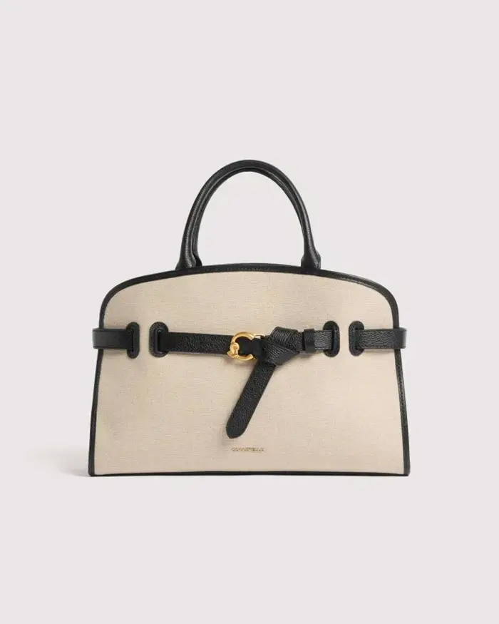 Coccinelle Borsa a mano Sabine Medium in canvas con dettagli in pelle nera e tracolla removibile