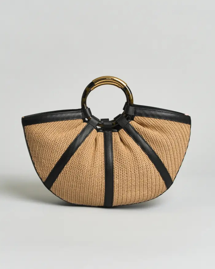 Coccinelle Borsa a mano Shell Medium in rafia e pelle nera con manici tondi