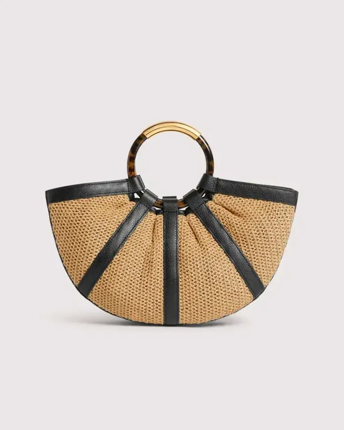 Coccinelle Borsa a mano Shell Small in rafia e pelle nera con manici tondi