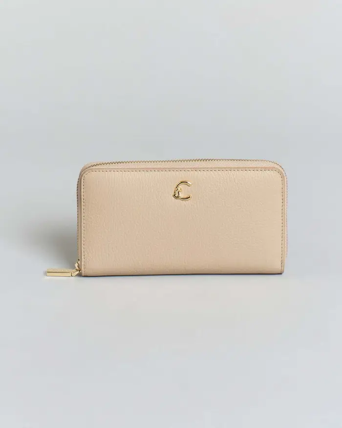 Coccinelle Portafoglio C-Me in pelle martellata beige con logo dorato