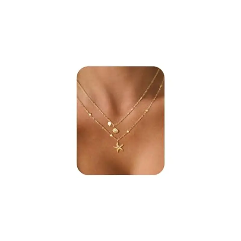 HecticCore Collana Donna Doppio Strato con Conchiglia, Stella Marina e Perla – Collana placcato oro 14K Regolabile in Acciaio Inossidabile,