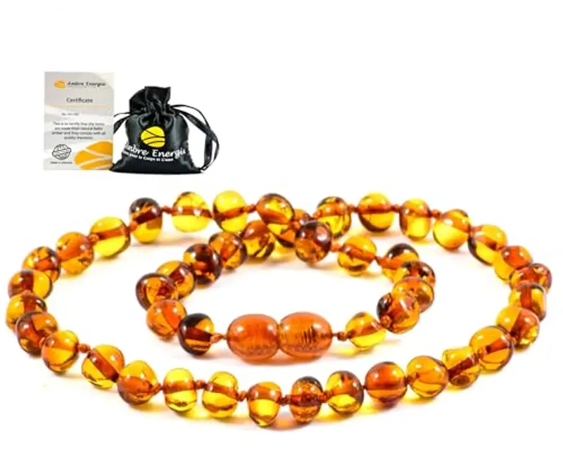 AmberJewellery Collana in Ambra Naturale - Certificata Vera Ambra del Baltico/Lunghezza 33 cm