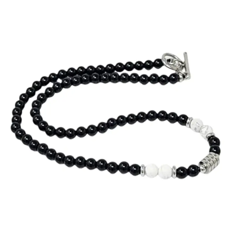 HYRKOTW Collana Uomo, Collana Uomo in Pietre Naturali con 6 mm Perle di Ossidiana Nera e Turchese bianco 6 mm - Gioiello Maschile Elegante,