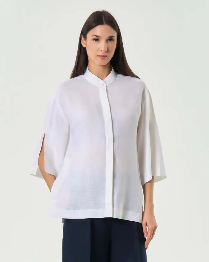 Colmar Originals Camicia over bianca in puro lino con maniche a tre quarti e collo a coreana