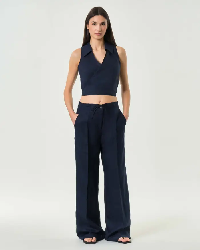 Colmar Originals Pantaloni blu a palazzo in puro lino con elastico e coulisse in vita