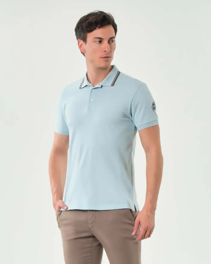Colmar Originals Polo azzurra mezza manica in piquè di cotone stretch con bordino grigio bianco e bordeaux