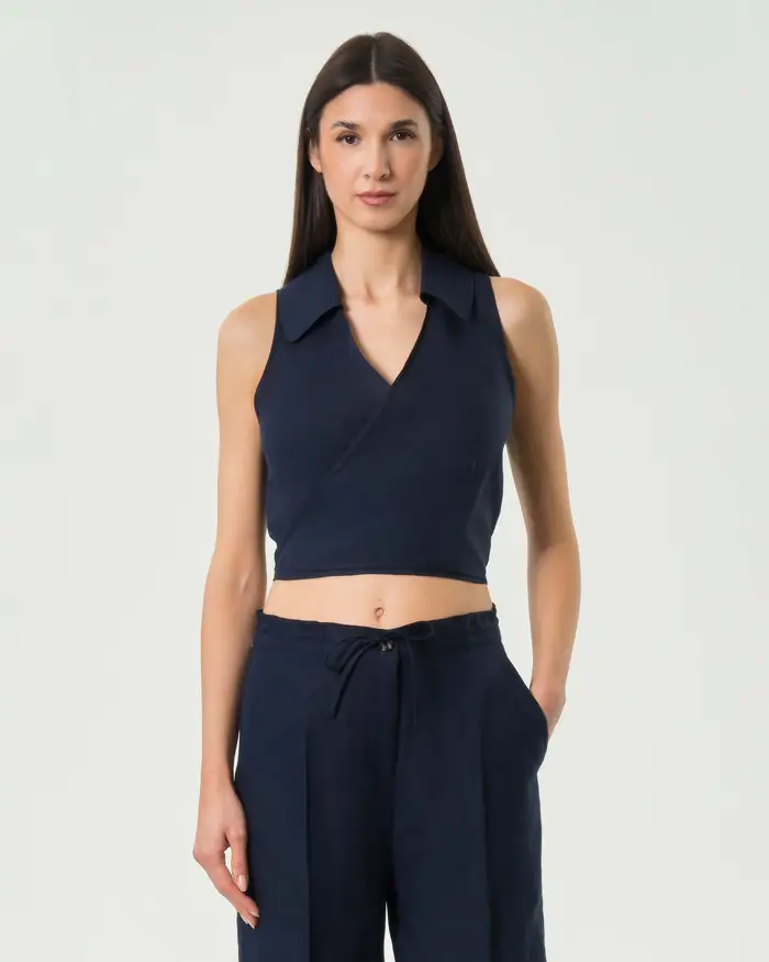 Colmar Originals Top incrociato con scollo a V blu in puro lino