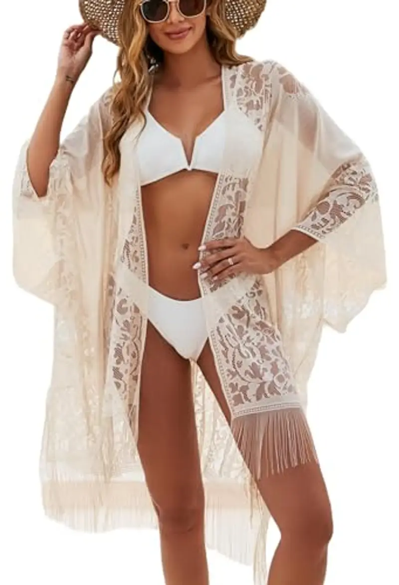 colornival Elegante Copricostume Kimono in Pizzo Bianco - Leggero e Traspirante per Spiaggia e Vacanze Estive
