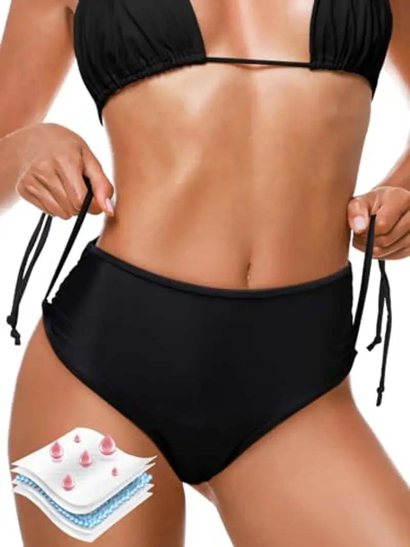 Comfyouth Periodi costumi da bagno per il nuoto da donna 4 strati a prova di perdite, pantaloni bikini a vita alta, costume da bagno nero