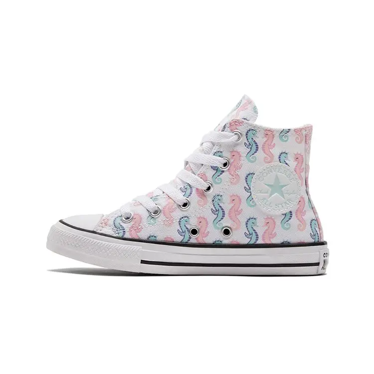 Converse Chuck Taylor All Star Tela Stampa Cavalluccio Marino High Top Scarpe di Tela per Bambini Sneakers per Bambini Bianco Blu Rosa