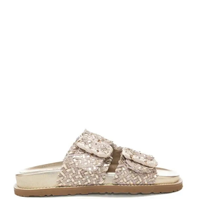 Coral Blue sandali a ciabatta da donna woven leather con inserti lurex oro