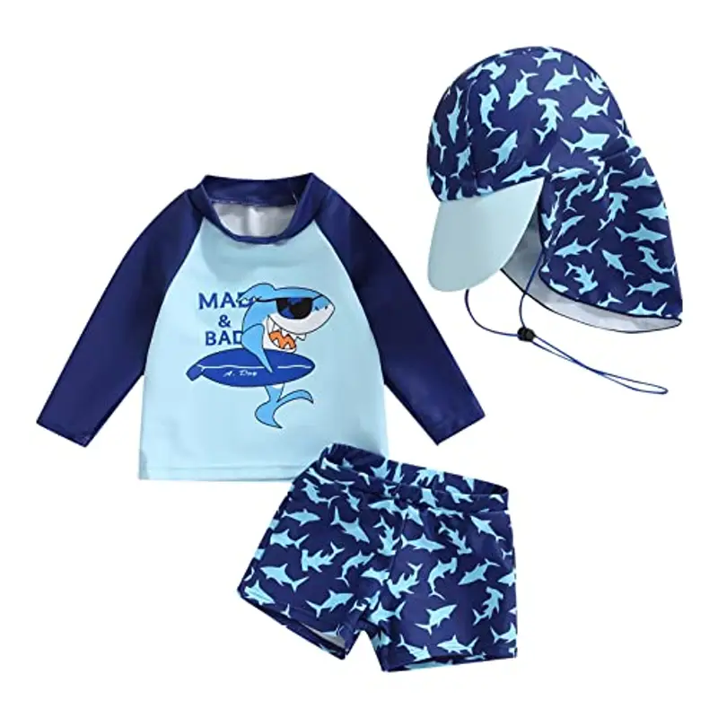 HodJIU Costume da bagno/nuoto per neonato, 2 pezzi, anti-UV, maglietta a maniche lunghe + pantaloncini da bagno + cappello da sole, 2-3 anni