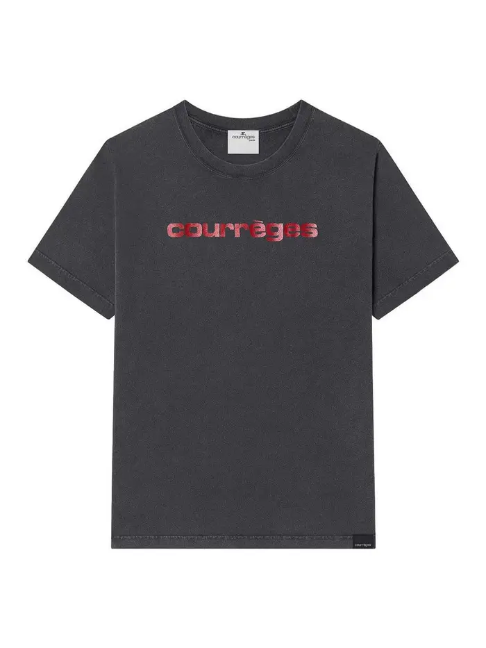 Courreges T-shirt in cotone grigio con logo rosso Nero