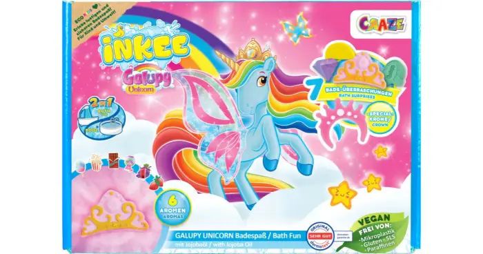 INKEE Galupy Unicorn set per il bagno per bambini bomba da bagno 4 pezzi + polvere per il bagno + sale da bagno + gocce per il bagno + Fascia