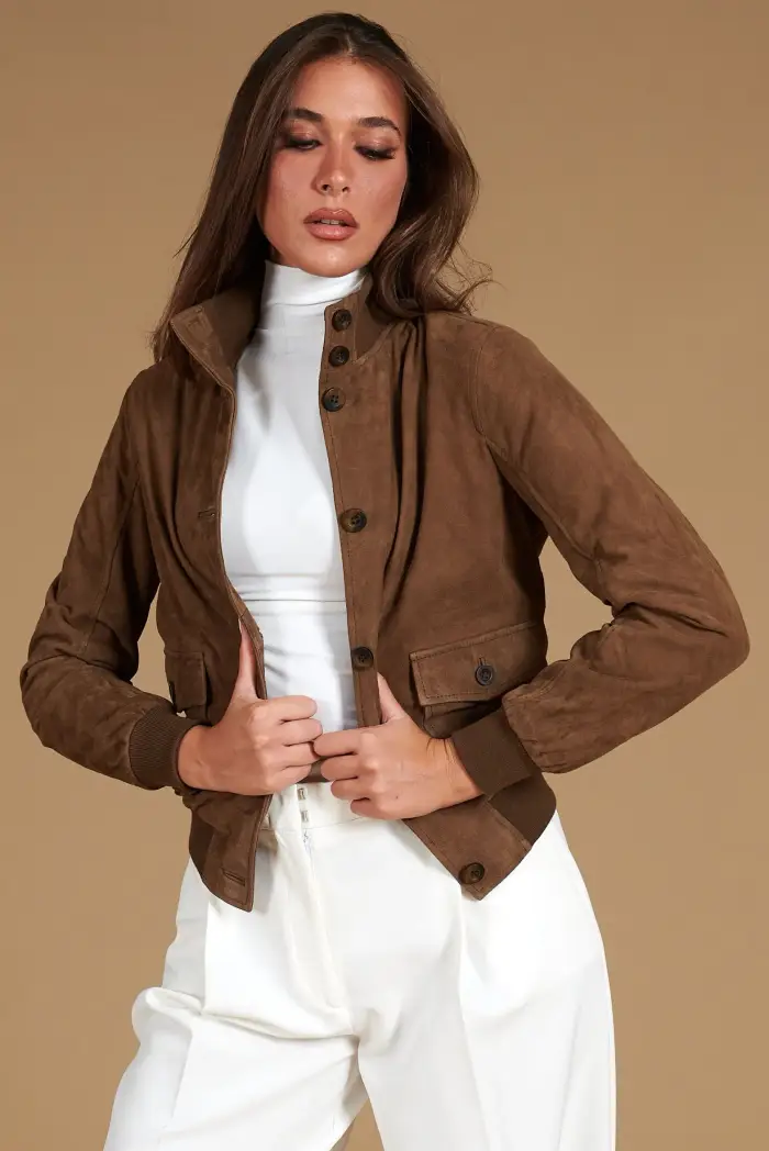 D Arienzo Bomber in pelle camoscio color fango con bottoni, Seleziona Fango