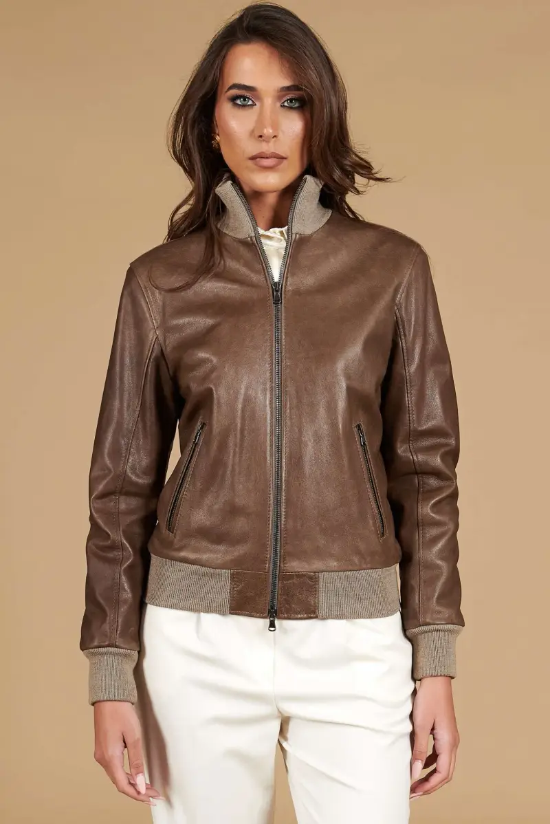 D Arienzo Bomber in pelle color fango effetto vintage