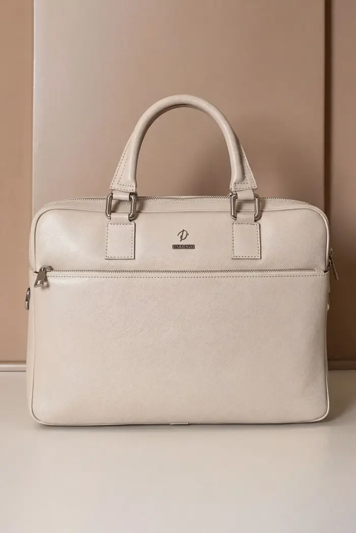 D Arienzo Borsa Ventiquattrore in pelle di vitello crema saffiano tasca zip, Seleziona Crema