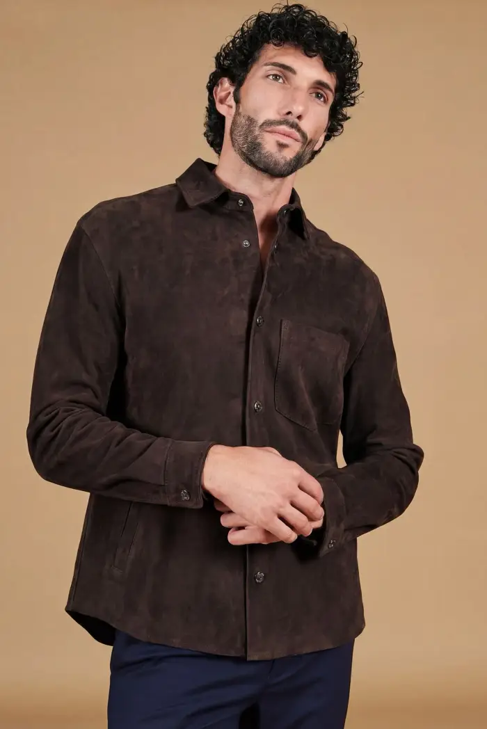 D Arienzo Camicia sfoderata camoscio color moro con bottoni a pressione, Seleziona Testa di moro