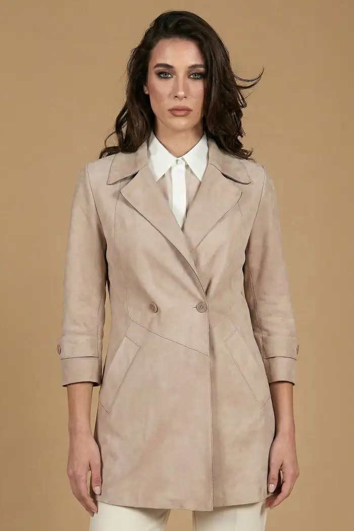 D Arienzo Cappottino in pelle scamosciata beige fodera tessuto, Seleziona Beige