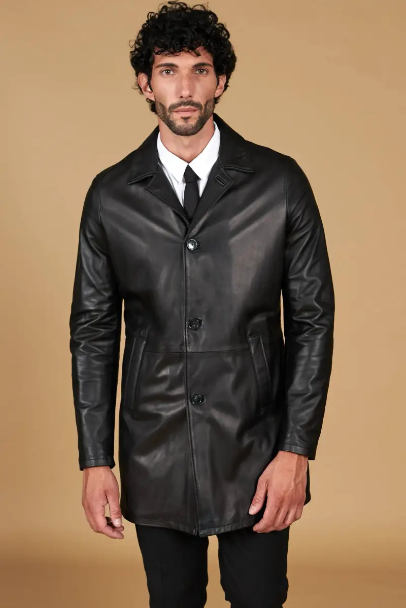 D Arienzo Cappotto in pelle nera nappa effetto liscio collo giacca, Seleziona Nero